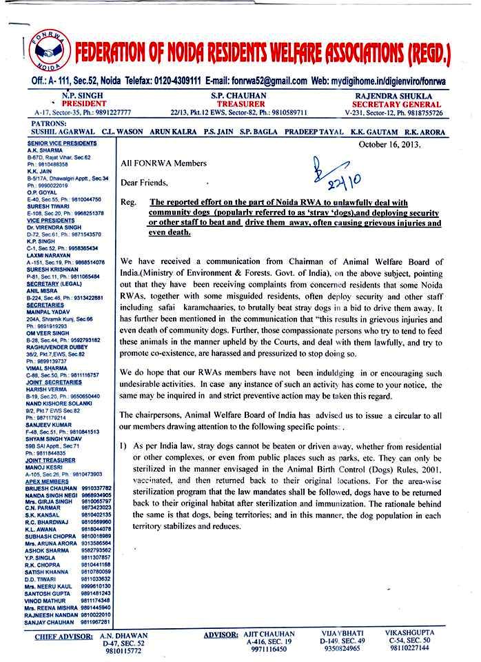 Noida Federation instructions to RWAs regarding street dogs_Page 1 of the letter